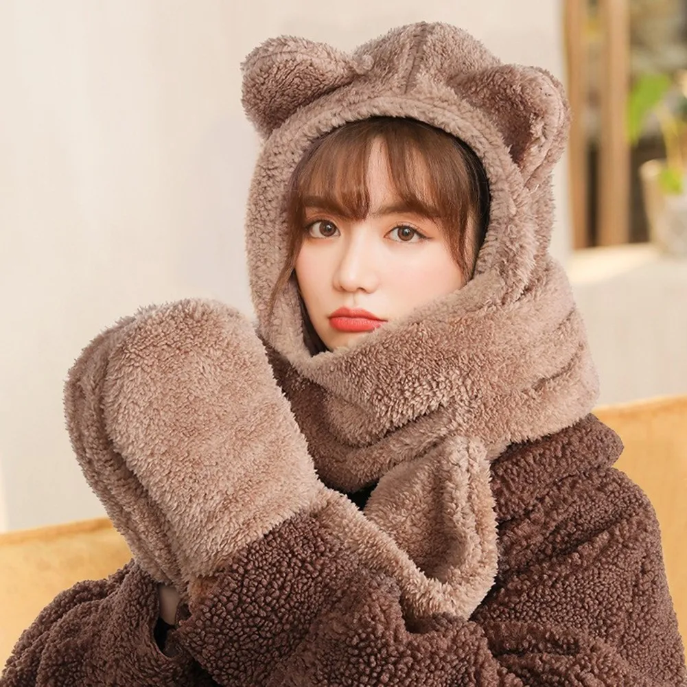 

Cute Bear Ear Hat Scarf Gloves Set Winter Female Warm Plush Hats Girls Women Fashion Comfortable Warm Scarf Neck Ski Equipment