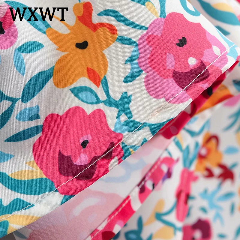 

WXWT Women Fashion Flowers Print Mid Dress Summer V Neck Short Sleeve Ladies Beach Style Dress Vestidos z1325