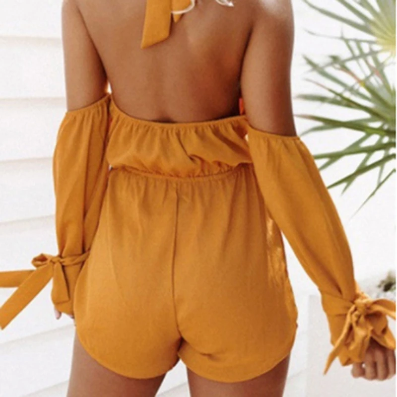 

Summer Beach Loose Solid Rompers Women Sexy Backless Playsuit Sexy Bow Bodysuits Female Casual Jumpsuit