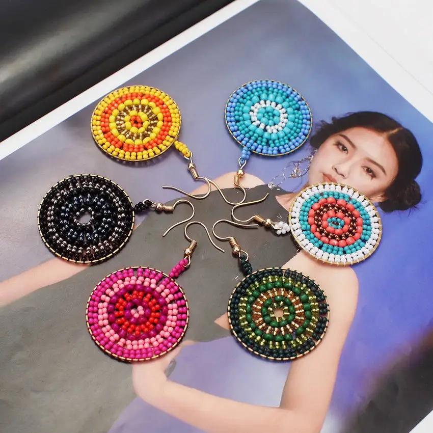 

Multicolor Seed Beads Woven Round Drop Earrings for Women Stylish Boho Summer Geometric Jewelry Wholesale