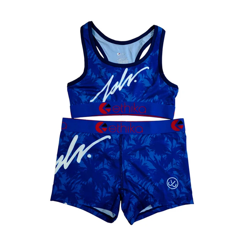 

Ethika 2021 Sexy Sport Fitness Active Sleeveless Two Pieces Print Set Women O-Neck Tacksuit 2 Pieces Short Pant Sets
