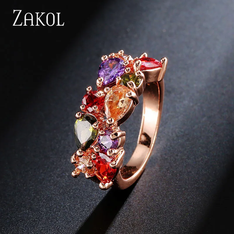 ZAKOL, модные серьги-гвоздики, розовый, золотой цвет Цирконий, Мона Лиза, Разноцветные серьги с кристаллами для женщин, свадебные ювелирные изделия, FSEP094 - Окраска металла: Ring Size 9