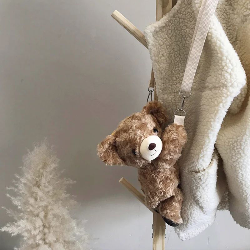 Girls Bouncing Doll Bag Teddy Bear Plush Messenger Bags Children Cartoon Bear Doll Chain Single Shoulder Bag Cloth Chain Strap