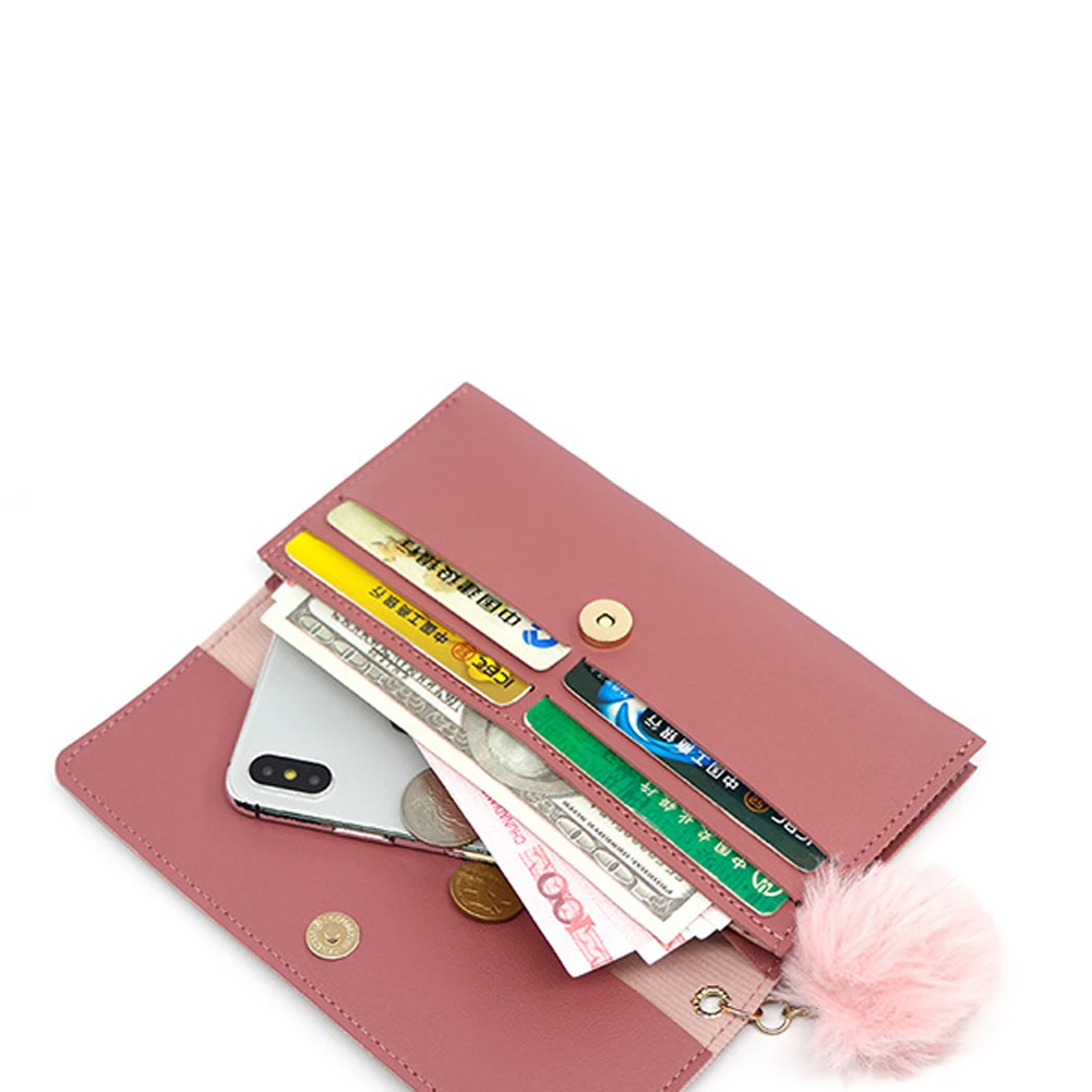 

Fashion Women's Tassel Ball Long Wallent Bag PU Leather Wallet Furry Ball Pendant Purse Candy-Colored Wallet