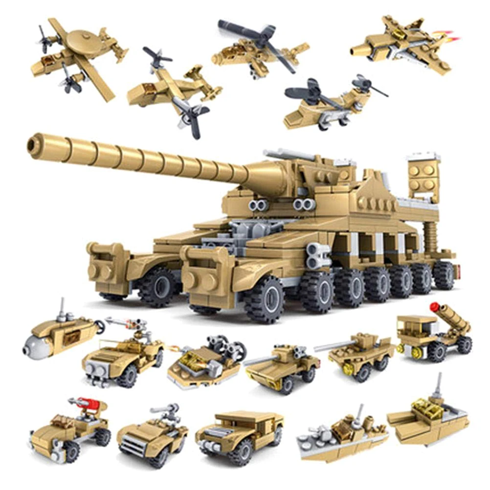 

6 in 1 Army Cannon ww2 Tank Military 2 in 1 Missile Vehicle Boat Weapon Building Blocks Bricks DIY Toys For kids gifts