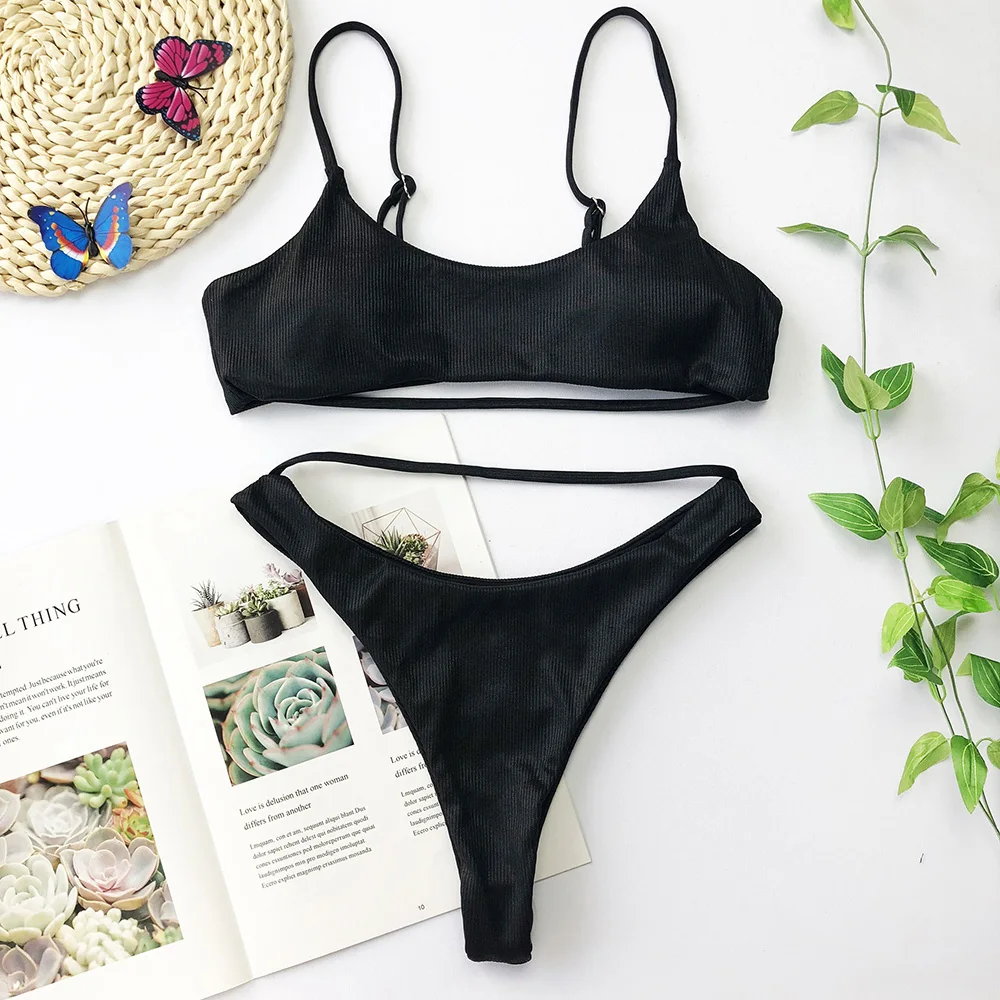 Sexy Brown Bright Bikini Set Solid Black Swimwear Hot Sale Padded High Waist Hollow Swimsuit Women Swimming Suit Bathing Suits |