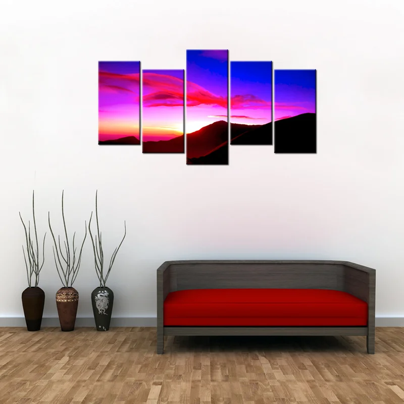 

5 Panels Canvas Wall Art Painting Purple Cloud with Sunset Print Home Decor Poster Modern Living Room Decoration Pictures