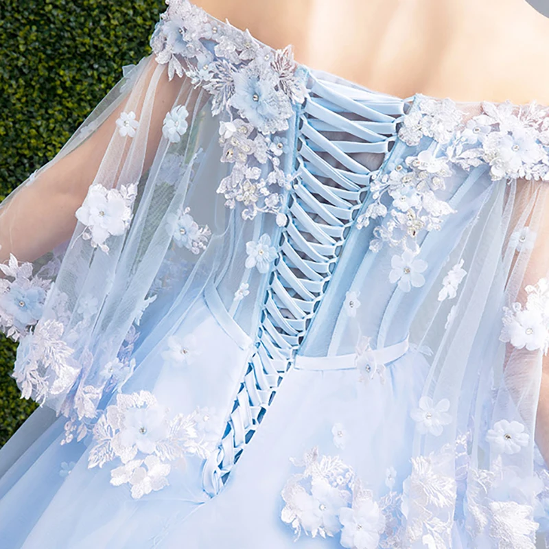 

Blue Luxury Evening Dress Illusion Off The Shoulder Ball Gown Lace Tulle Appliques Crystal Embroidery Women Formal Dresses TS340