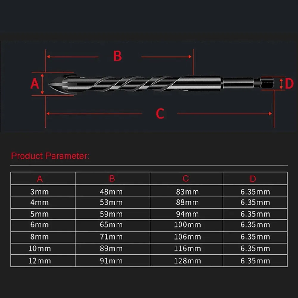 

Cross Hex Tile Drill Bits Set For Glass Ceramic Concrete Hole Opener Brick Hard Alloy 1/4\\\" Hex Shank 3-12mm Triangle Bit Tool