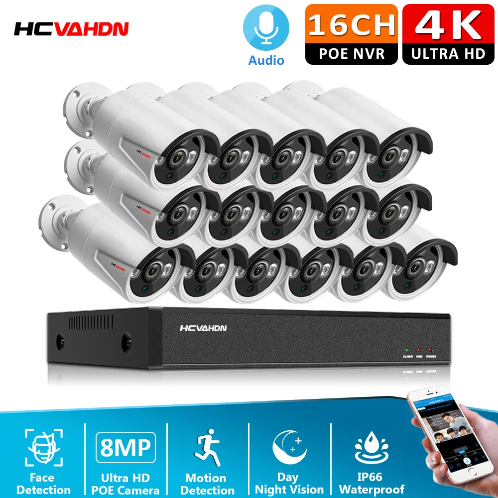 

AHCVBIVN 16CH 4K Ultra HD POE Система видеонаблюдения 8MP IR IP66 Водонепроницаемая наружная IP-камера Plug & Play комплект видеонаблюдения
