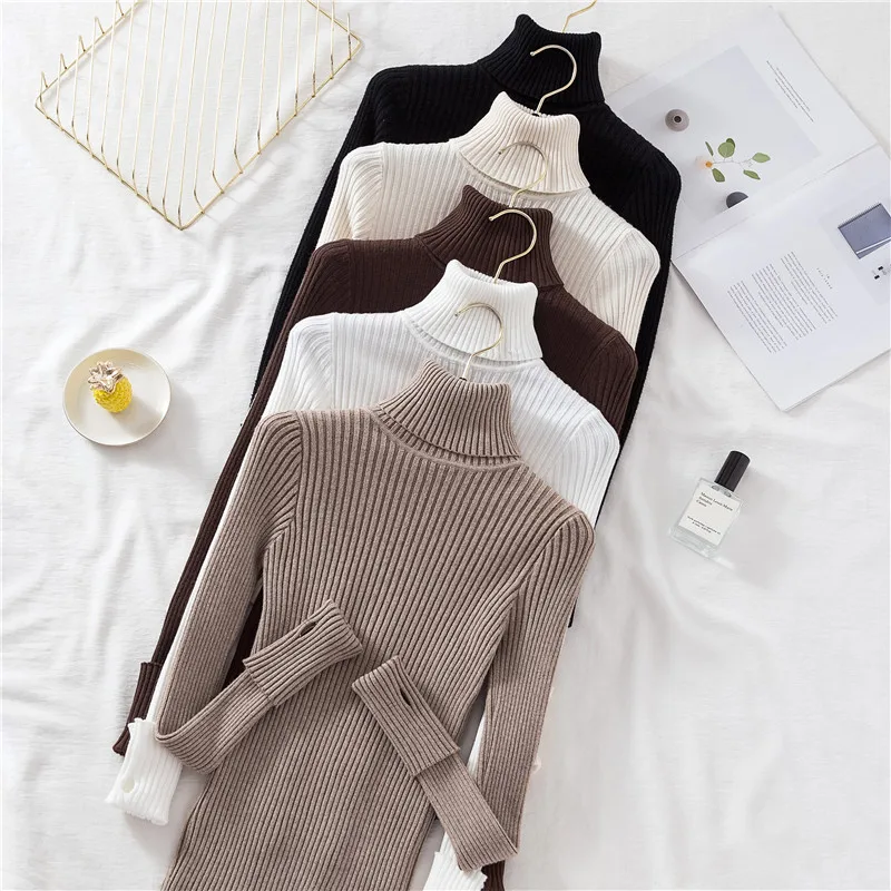 Осенний женский свитер тонкий мягкий вязаный пуловер с длинным рукавом и высоким