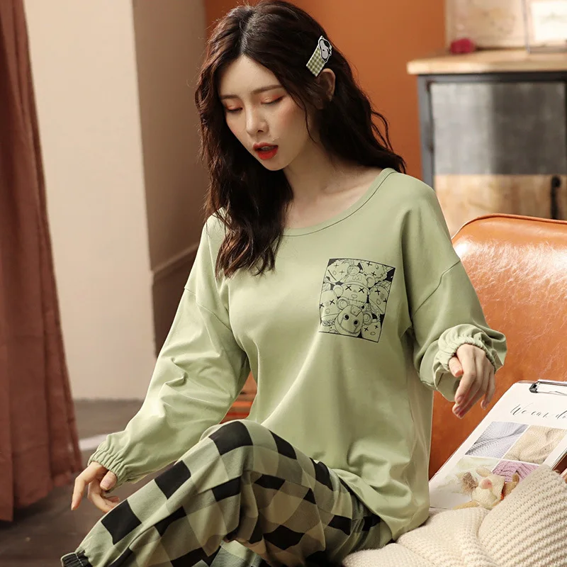 Pajamas Women's Spring Autumn Cotton Nightwear Long Sleeve Large Size Sleepwear Home Wear Suit Night Wear Cartoon