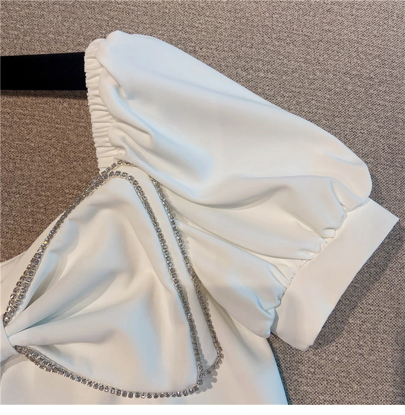 

2021 Summer New Korean Style T- Shirt Puff Sleeve Shirt Diamond Bow Party Temperament Slim-Fit Crop Top Women Sexy Blouses