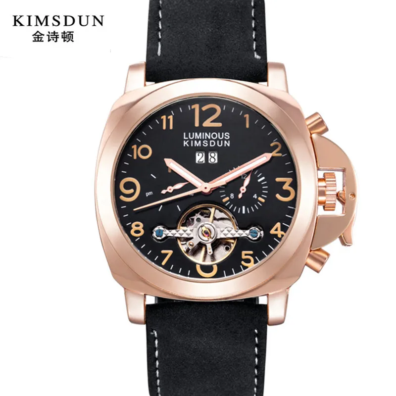 KIMSDUN часы с скелетом механические Автоматические для мужчин Tourbillon кожа модные