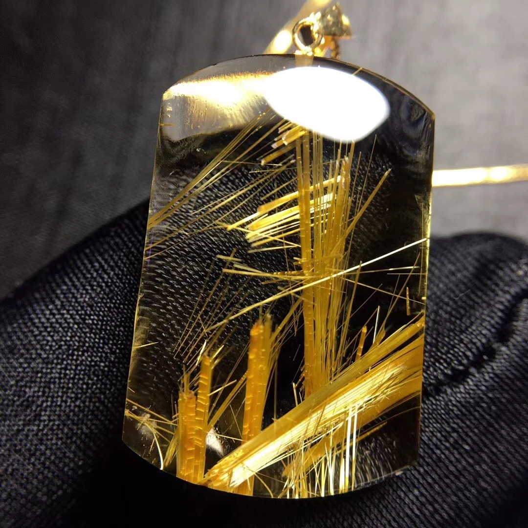

Genuine Natural Gold Rutilated Quartz Pendant Rectangle 27.8*18.6*7.2mm Brazil Wealthy Women Rare Jewelry Genuine AAAAAA
