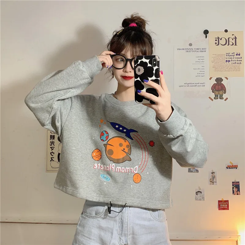 

No Hat Hoodies Women Lovely Pullover Korean Style O-Neck Cartoon Students Short Loose Casual All-match Comfortable Sexy Chic New