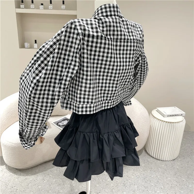 

Niche Design New Women's Summer 2021 Polo Neck Contrast Plaid Long Sleeve Shirt + Design A-line Cake Skirt Two Piece Set