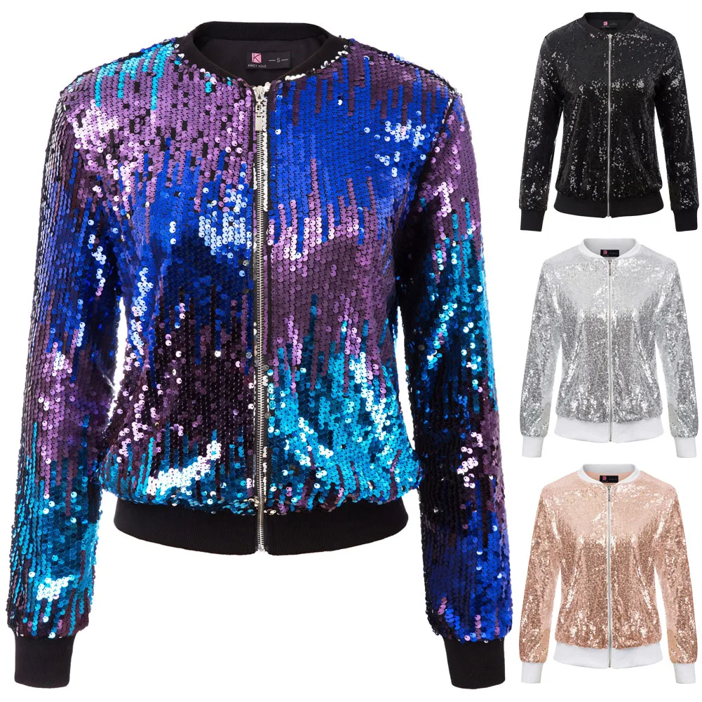 

Kate Kasin Women Sequin Jacket Coat Long Sleeve Zipper Sparkling Jacket Lady Casual Outwear Fashion Glitter Streetwear KC000097