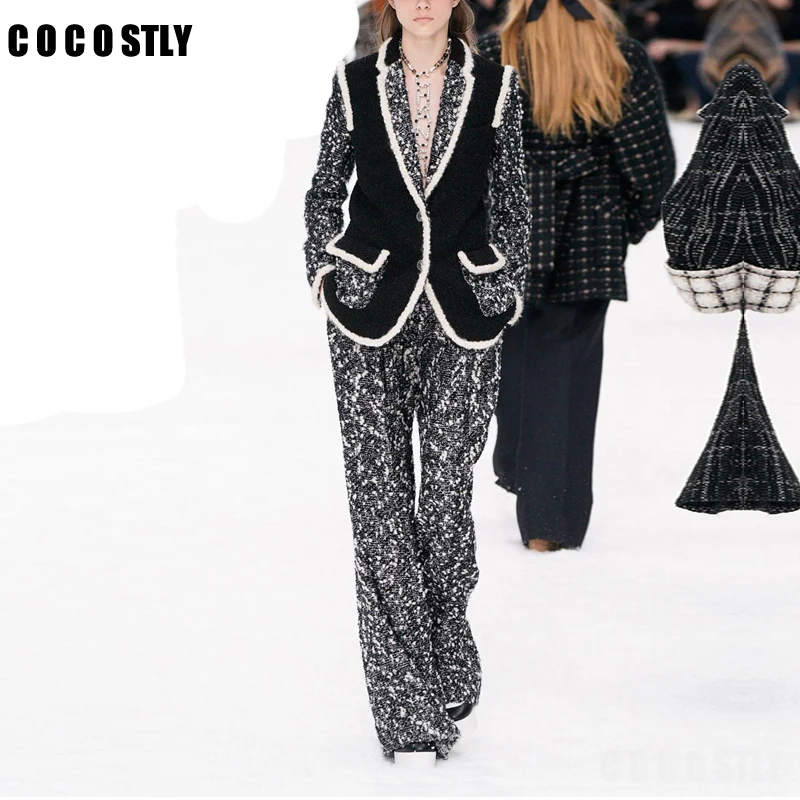 

Women Tweed Set Pant Suits 2 Piece Sets Office Lady Tweed Blazer Jacket +Trousers Suit For Women Set Feminino