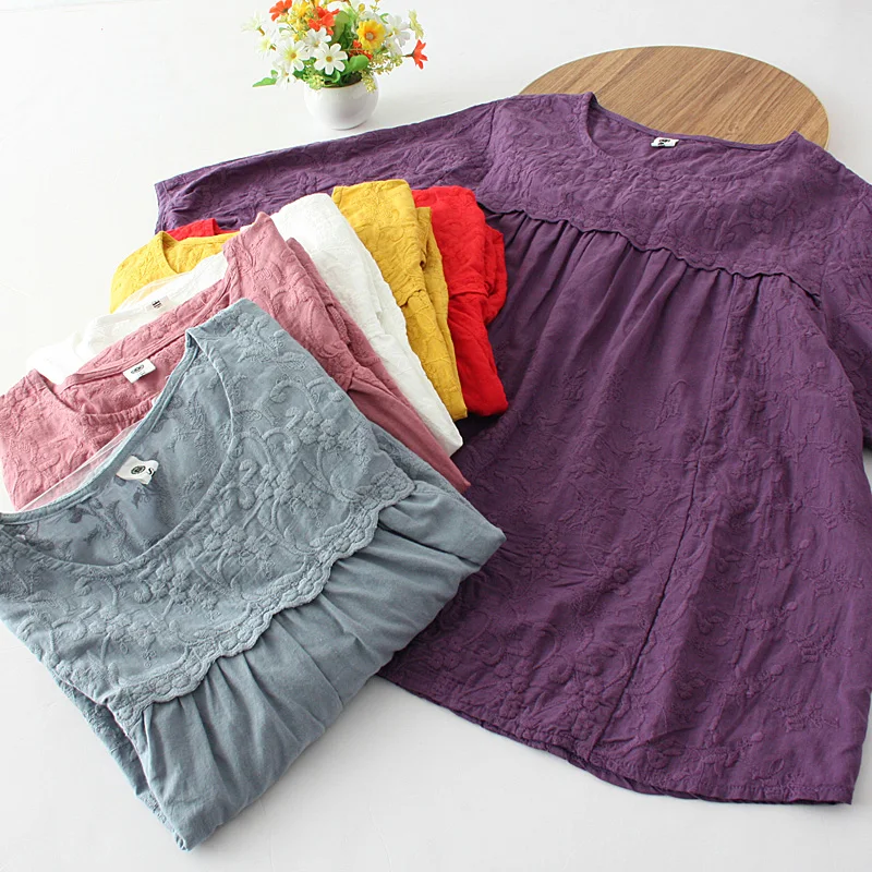 

Mori Female T Female Short-sleeved Loose Korean Summer New Wild Japanese Embroidery Stitching Retro T-shirt