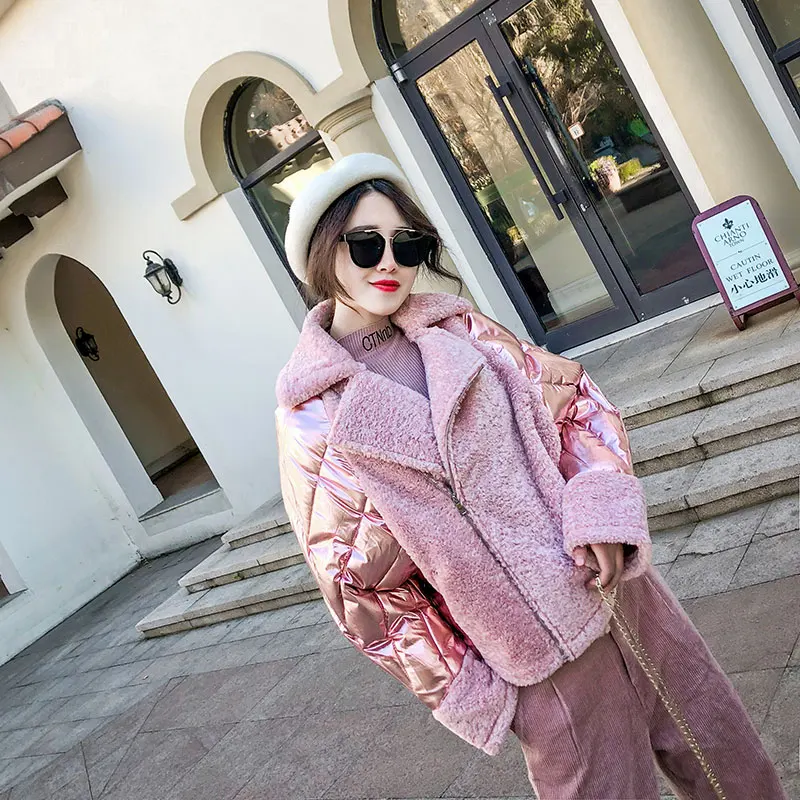 2022 Womens Winter Down Cotton Padded Jacket Coat Glossy Plus Size New Loose Short Pink Silver Patchwork Suede Warm Down Parkas