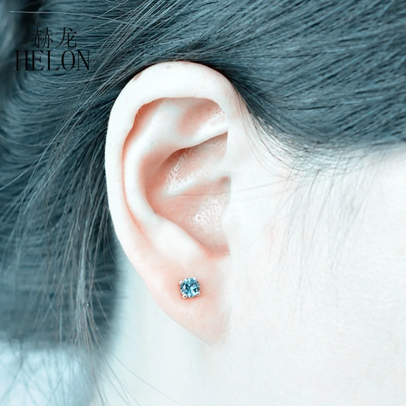 

HELON Solid 14K White Gold 0.5ct 100% Genuine Blue Topaz/Amethyst/London Blue Topaz/Citrine gem stud Earrings Women Fine Jewelry