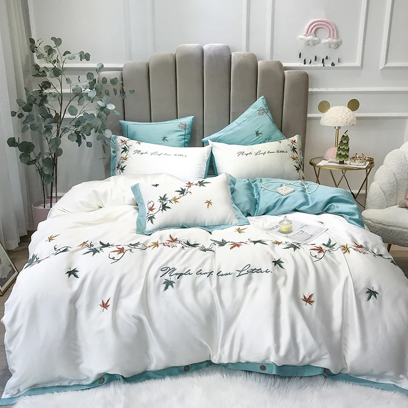 

Luxury embroidery Bedding Sets Maple leave Beddingset 600TC tencel Bed Linen Duvet Cover Bed Sheet Pillowcase 4/7pcs bed Sets