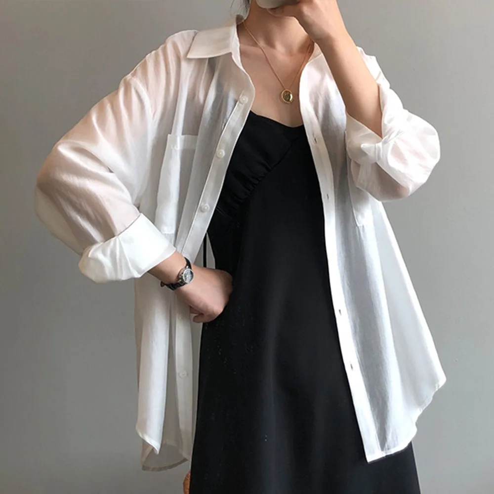 

Women Long Sleeve Blouse & Shirt Women Korean Loose Light Solid Color Female Tops Chiffon Blusa 2021 Autumn Wear