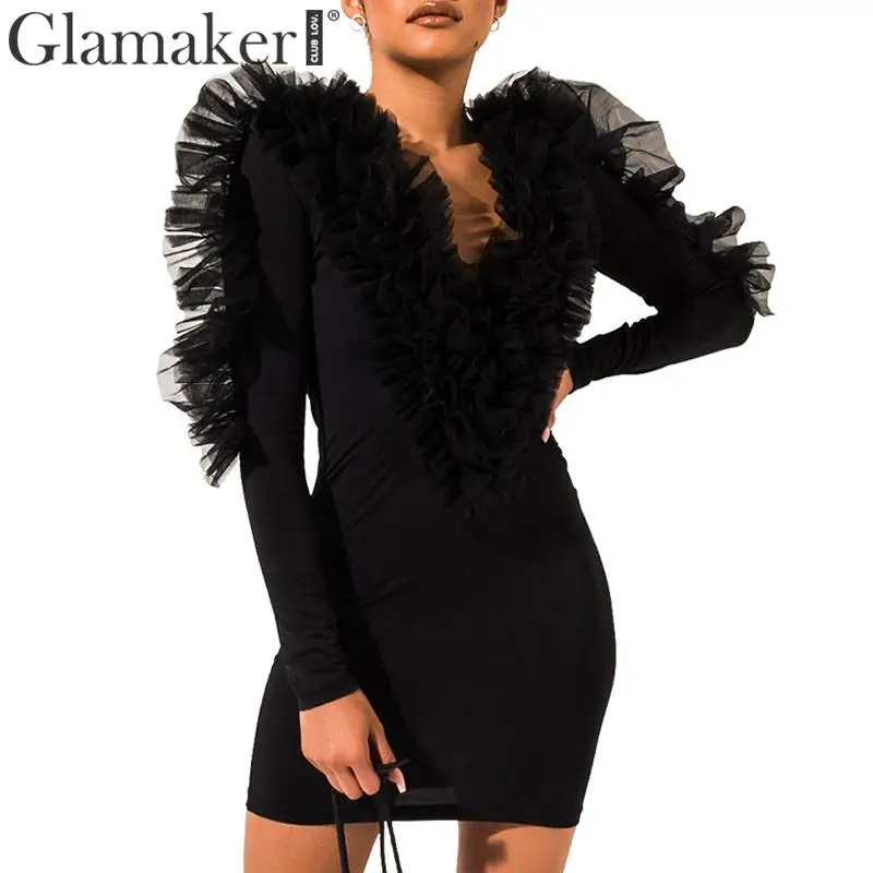 Женское Сетчатое платье с оборками Glamaker черное элегантное короткое v-образным