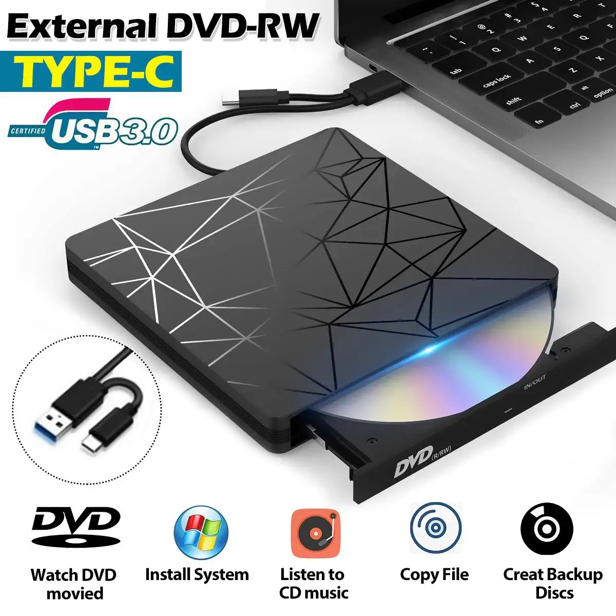 

Новый USB 3,0 Тип C dvd-привод компакт-диск драйвер горелки высокой скорости чтения и записи Регистраторы внешний DVD-RW плеер писатель для WIN7/8/10