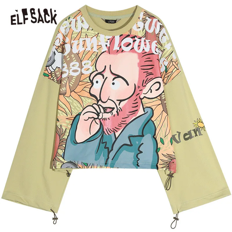 ELFSACK Green Graphic Print Loose Casual Pullover Sweatshirt Women 2020 Spring New Long Sleeve Korean Style Ladies Daily Tops | Женская