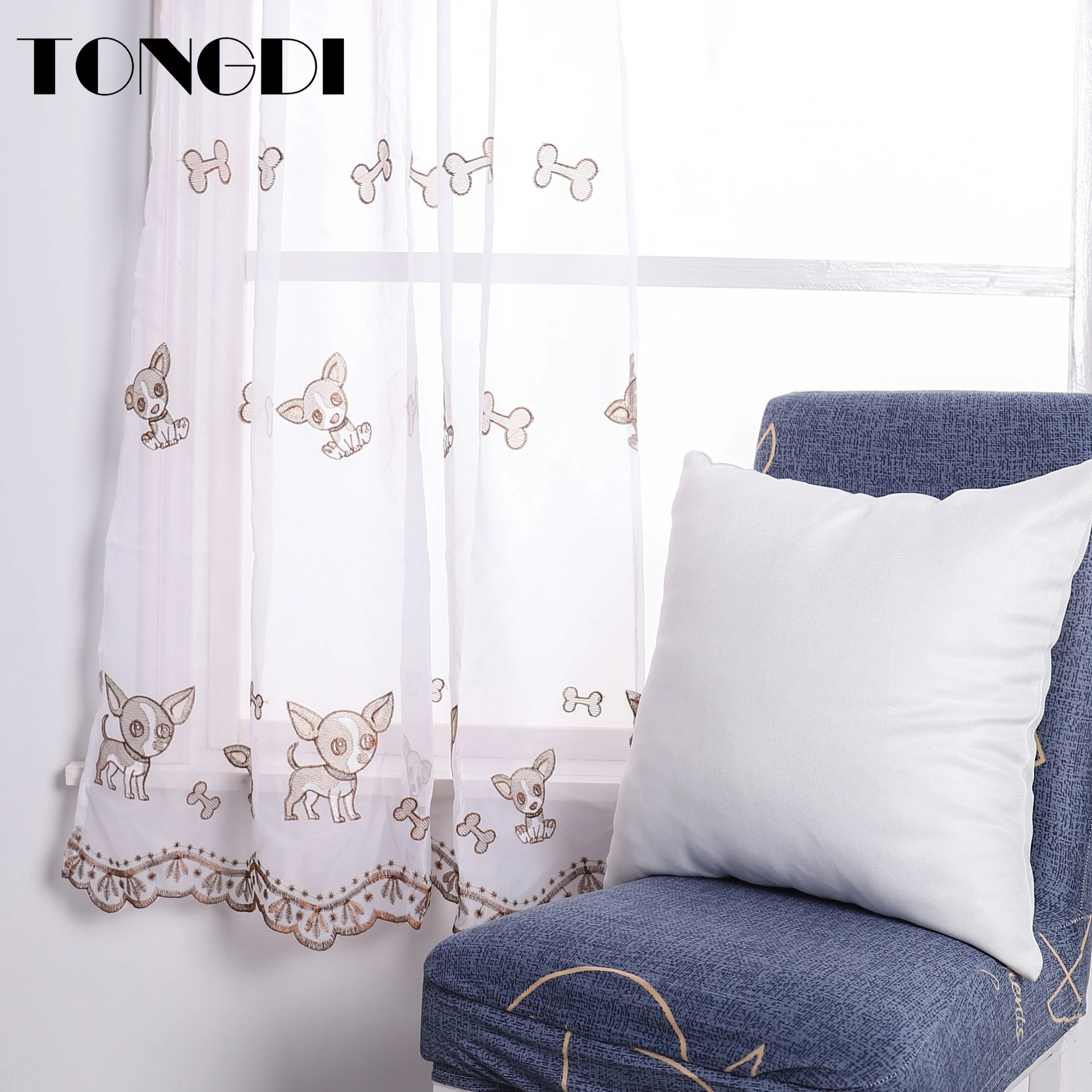 TONGDI Home Kitchen Children Curtains Cartoon Doggie Embroidery White Tulle Valance Decoration For Window Dining Room | Дом и сад