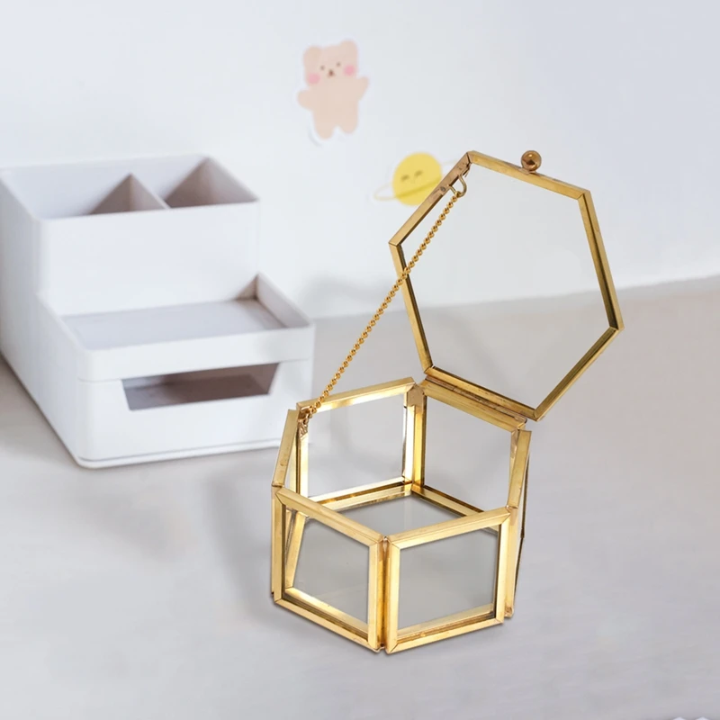 Шестигранная прозрачная стеклянная шкатулка для колец свадебных украшений