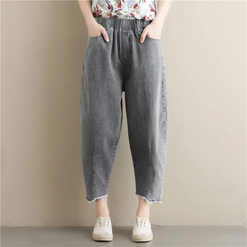 

Summer New Fashion Women Elastic Waist Loose Casual Gray Jeans Plus Size Cotton Denim Ankle-length Harem Pants M625