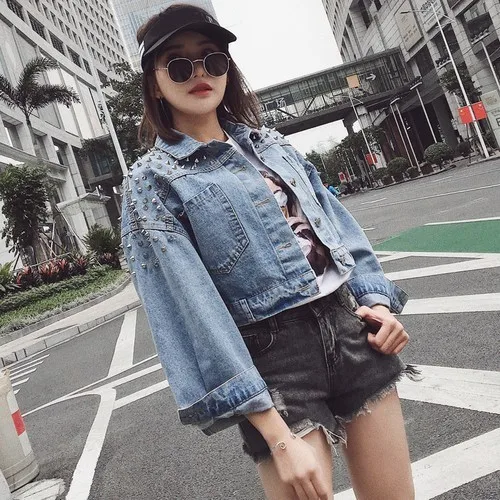 CHICEVER весеннее короткое джинсовое пальто с заклепками отворотом длинным рукавом