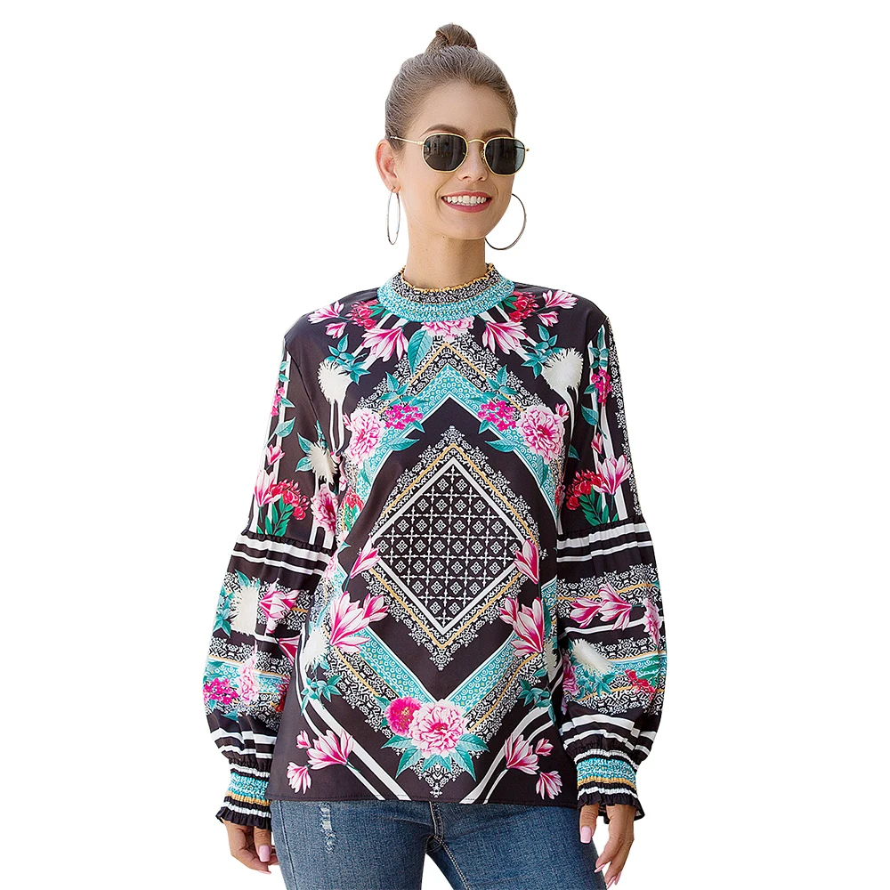 

Женская шифоновая блузка, летняя Свободная рубашка с винтажным принтом, круглым вырезом и рукавами-фонариками, размера плюс