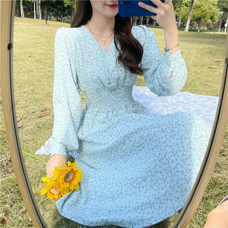 

High Waist A-line Long Dress 2022 Spring Korean Sweet Chiffon Dresses for Women Pink Green V-neck Floral Print Dress New 18395