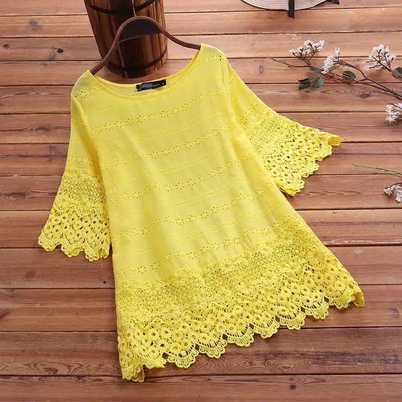 Elegant Lace Tops Women's Embroidery Blouse 2022 ZANZEA Summer Hollow Blusas Female Long Sleeve Shirts Solid Tunic Plus Size |