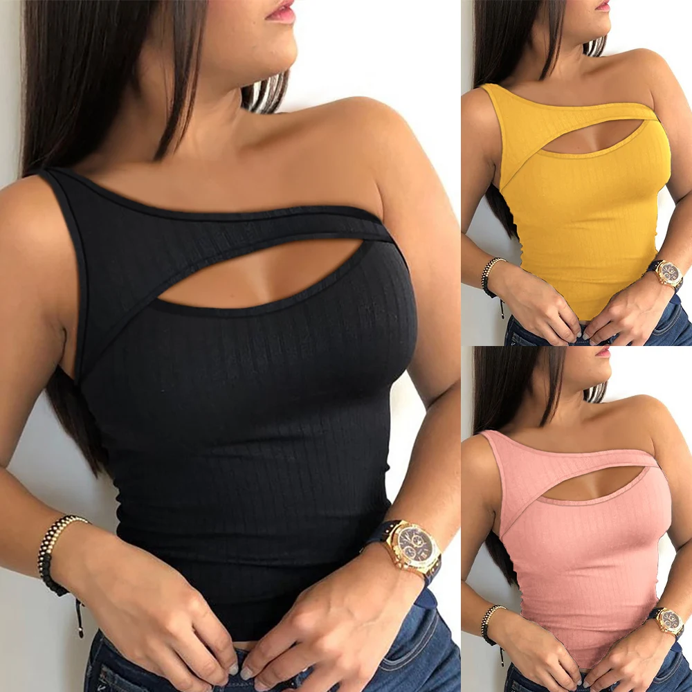 

Women Sexy One Shoulder Crop Top Sleeveless Cut Out Tank Top Summer Short Tanks Camis Fashion Bustier Corset Ripped Tops D30