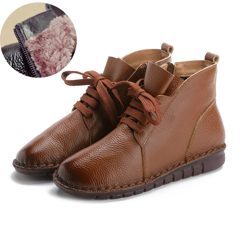 213-Plush-Brown Модные зимние ботинки на плоской подошве; ботильоны из натуральной кожи; Повседневная Винтажная обувь; фирменный дизайн; женские ботинки ручной работы; большие размеры 42 - Цвет: 213-Plush-Brown