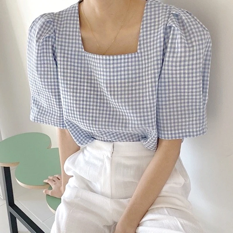 

Рубашка женская с квадратным воротником, нежная блуза в клетку, универсальная сорочка с пышными рукавами, в Корейском стиле, лето 2020