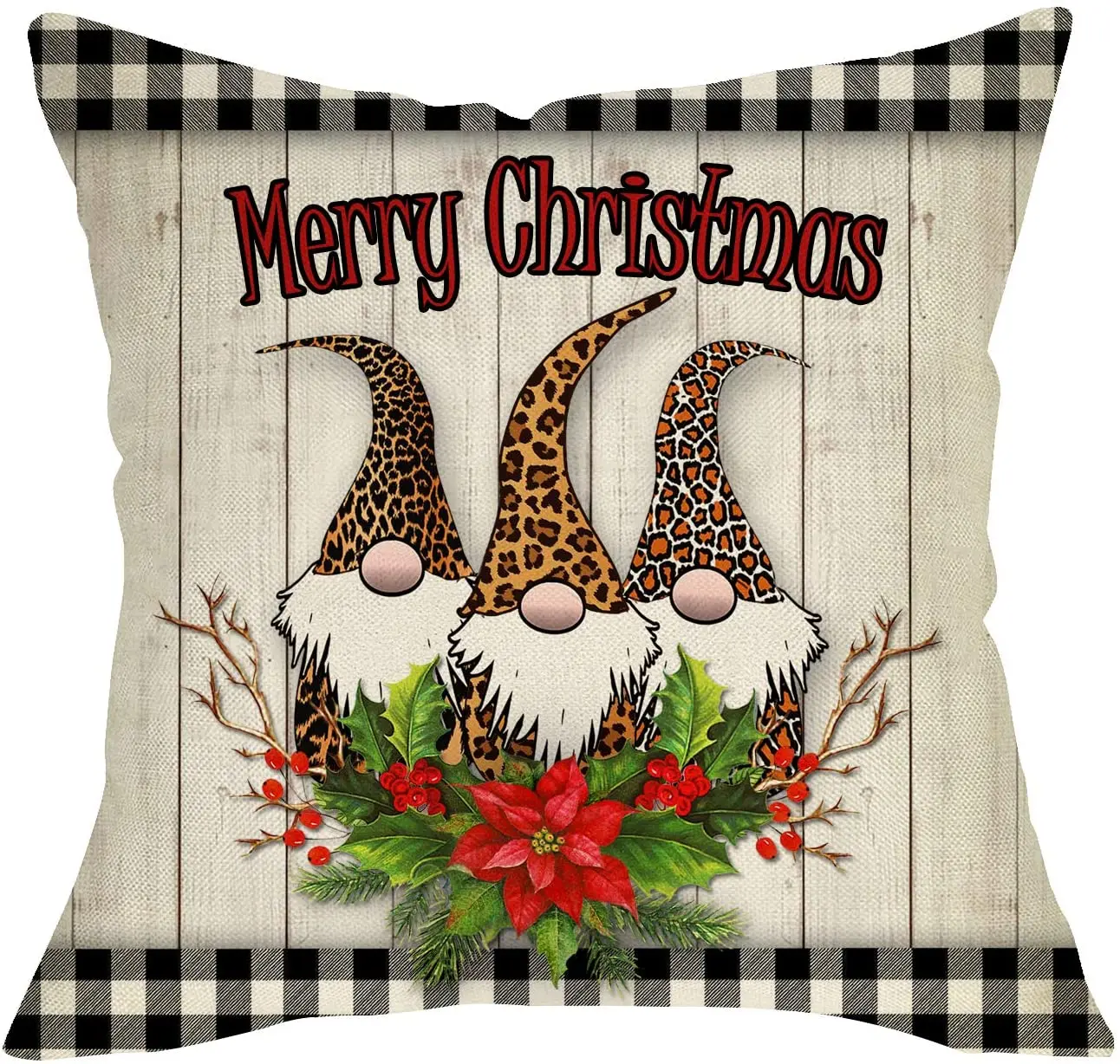 

Pillow Cover, Buffalo Plaid Check Leopard Gnome Cushion Case Decor Xmas Home Decoration Sign, Winter Holiday Pillowcase
