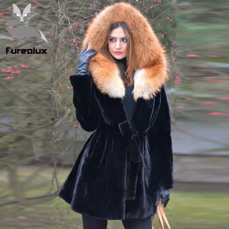 Furealux 80 см длинный мех кролика Рекс реальный черный цвет Искусственный женский