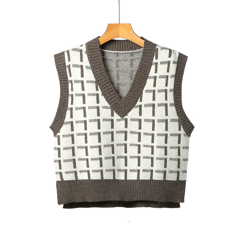 

Urifens Sueter Mujer 2021 Korean V Neck Brown Vest Sweater Women Casual Loose Vintage Plaid Knit Tops For Female Waistcoat BN65U