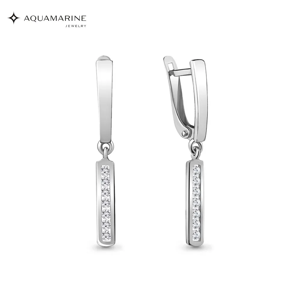 Серьги длинные AQUAMARINE с фианитами Серебро 925 пробы|Серьги-гвоздики| |
