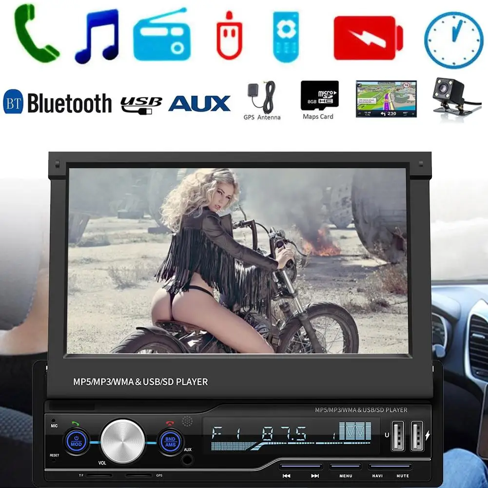 

7-inch 2 DIN Touch Screen Car MP5 Player GPS Sat NAV Stereo Retractable Radio Camera Supports RMVB / RM / MP4 Video Format