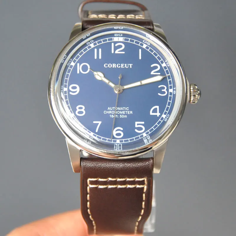 Corgeut Brand 41MM mens watch silver case blue dail  luminous hands seagull movement automatic mechanical wristwatches men New