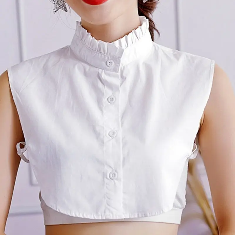 

Women Sweet Wrinkled Ruffles Fake Stand Collar Layering White Sweater Half-Shirt F3MF