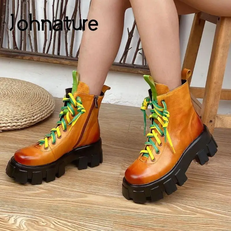 

Женские ботинки на молнии Johnature, из натуральной кожи с круглым носком, на шнуровке, ботинки ручной работы на платформе для отдыха, Осень-зима ...