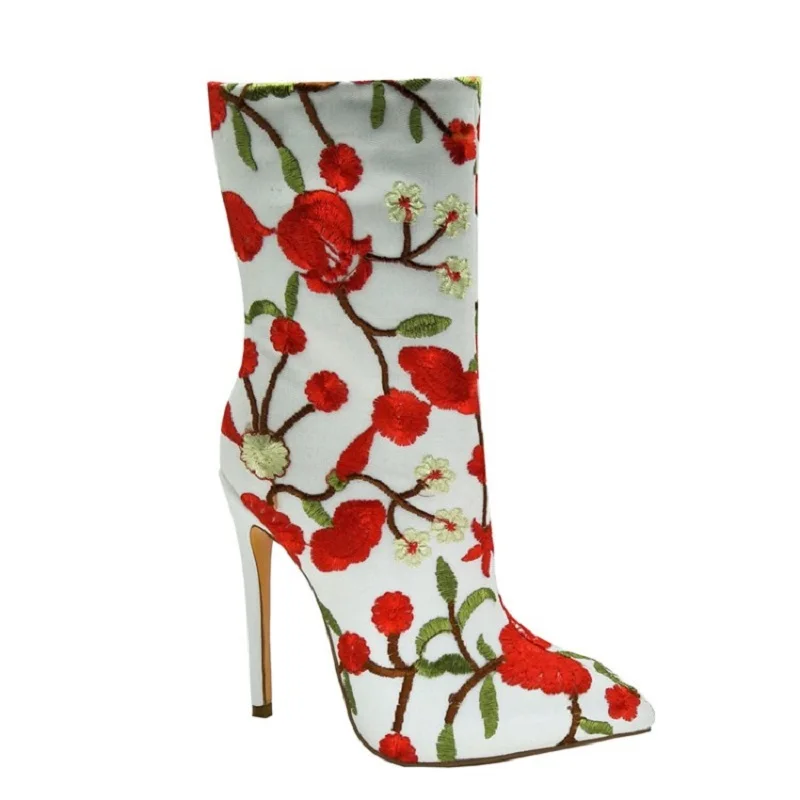 Женские ботильоны с вышивкой на тонком каблуке размеры 4-15 | Обувь